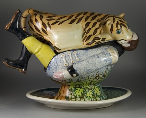 Tippoo Tiger Gravy Boat, Lid & Stand by Roger Michell - (Sold)