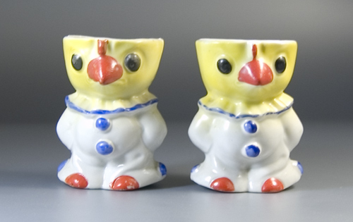 Pair of '30s Rocking Eggcups - Chicks dressed as Clowns (Sold)